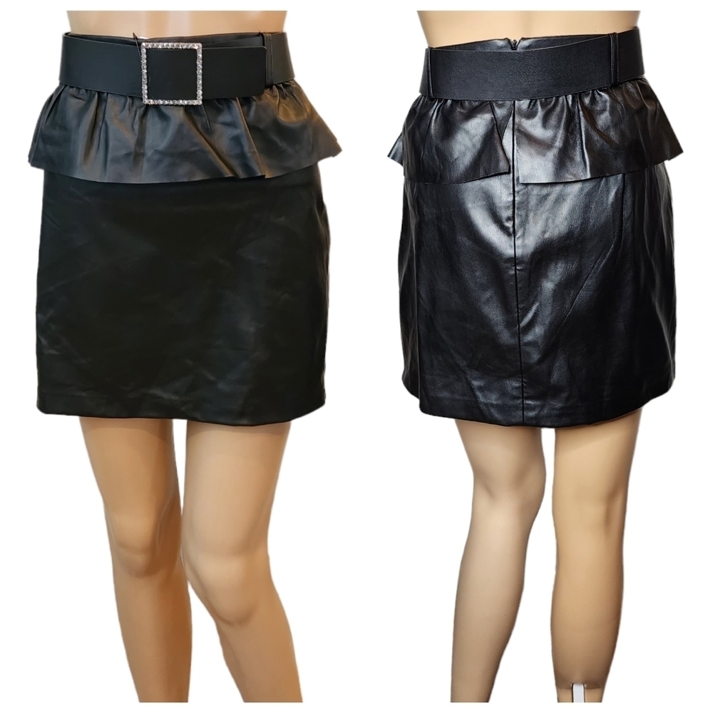 NWT Zara faux leather black peplum mini belted skirt Size Large